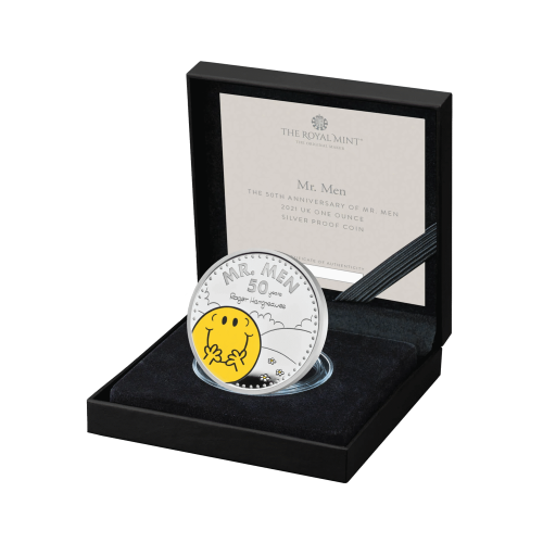 1 troy ounce zilveren munt Mr. Men little Miss-Mr. Happy 50th Anniversary 2021 voorkant