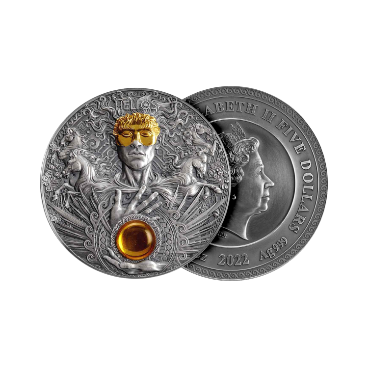 3 troy ounce silver coin Helios antique finish 2022 angle 1