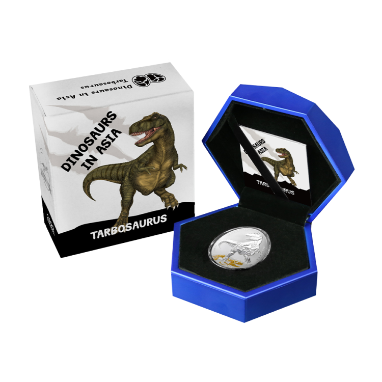 1 troy ounce silver coin Dinosaurs in Asia - Tarbosaurus angle 2