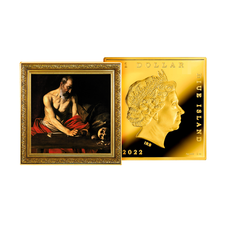 1 troy ounce silver coin Treasures of World Painting - St. Jerome Writing 2022 proof angle 1