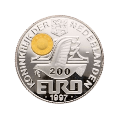 5 troy ounce zilveren 200 euro munt met 2 gram goud voorkant